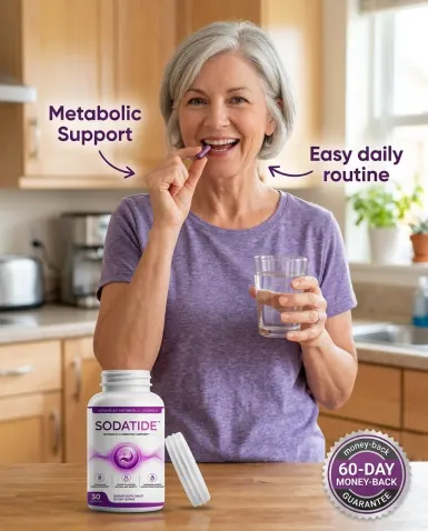 Woman taking a Sodatide capsule with a glass of water