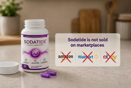 Sodatide bottle with a note saying it is not sold on marketplaces